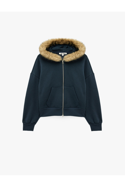 Koton Comfortable Fit Long Sleeve Zippered Faux Fur Hooded Sweatshirt with Ra...
