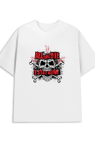 STITCHLY تي شيرت Skull Stay Alive بتصميم هيكل عظمي، مصنوع من 100% قطن، بوزن 1...