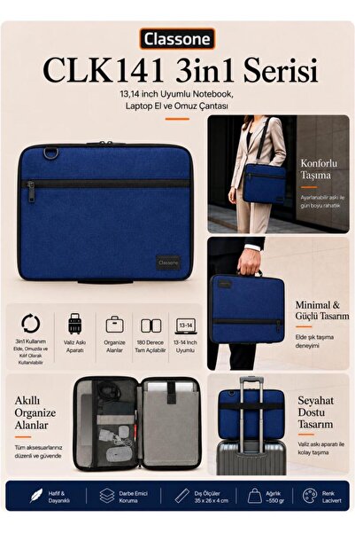 Classone 3in1 Serisi CLK141 13,14 inch Uyumlu Tablet, Laptop El ve Omuz Çanta...
