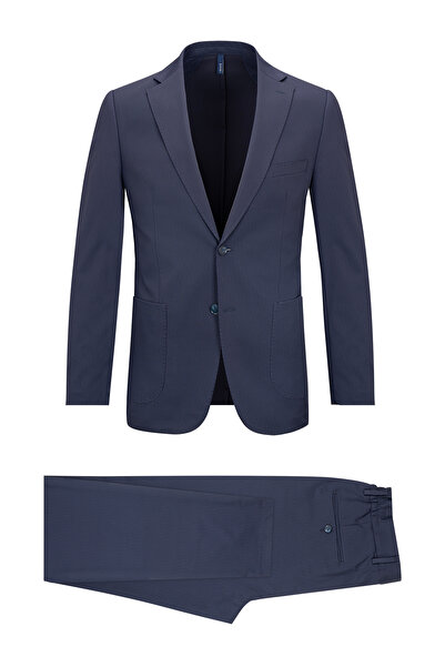 Hatemoğlu Lacivert Slim Fit Çizgili Mono Yaka Takım Elbise