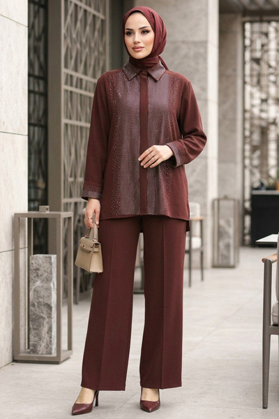 Neva Style Set dublu hijab din crep maro brodat cu piatră, importat 95726KH