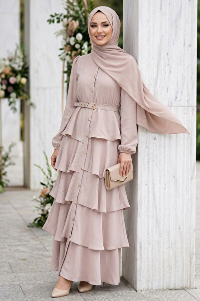 Neva Style Rochie Hijab bej, importată, cu detalii în straturi din crep 95720BEJ