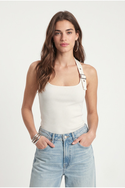 Ritnice Women's Bianca Neck Strap Knitted White Blouse with Accessory Detail