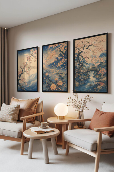 Zestia Set de 3 tablouri cu ramă neagră, Ukiyo-e Sakura Cherry Blossom, Set d...