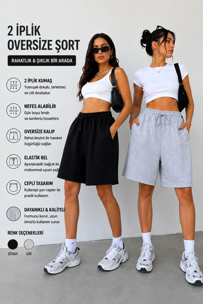 BEAXES 2'li Şort Kadın (Siyah-Gri) Oversize Terletmeyen Beli Bağcıklı Cepli Şort