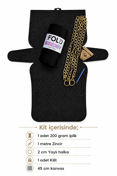 BD fold yarn Kanvas Çanta Siyah No.4 45x21cm Kanvas Gold Zincir Set - Polyest...