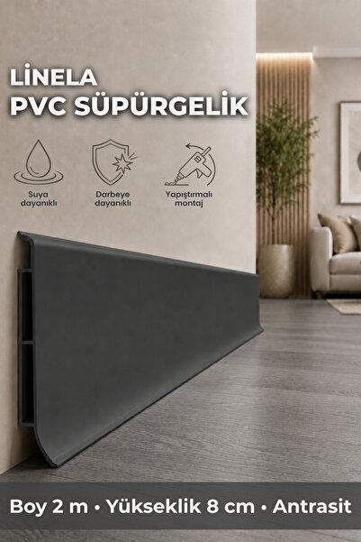AGK Linela PVC Süpürgelik 8 cm Antrasit 2 m Yapıştırmalı Suya Dayanıklı Kalın...