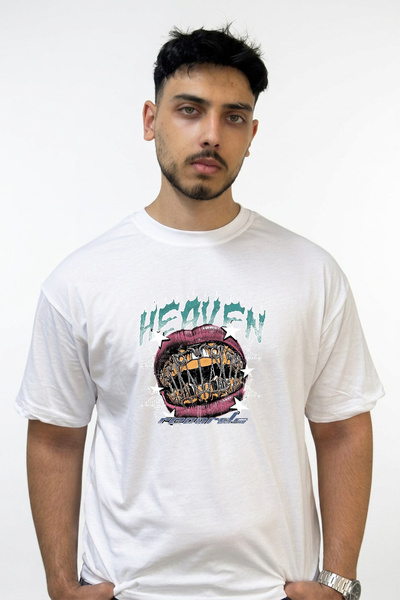 Anetos Chained Mouth Design Printed Oversize White T-Shirt