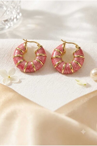 İNİTİUM Premium Seri Paslanmaz Çelik Pembe Mideni Gold Detaylı Halka Küpe