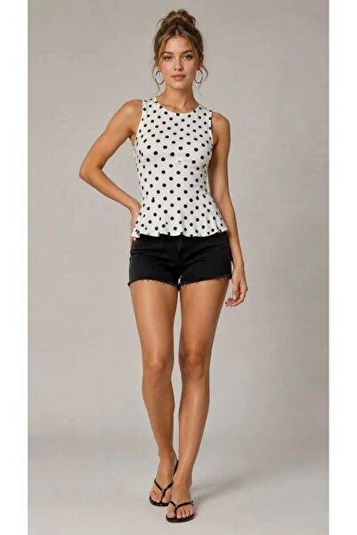 Park Karon Women's Crew Neck Polka Dot Skirt Flounced Combed Cotton Blouse 26102