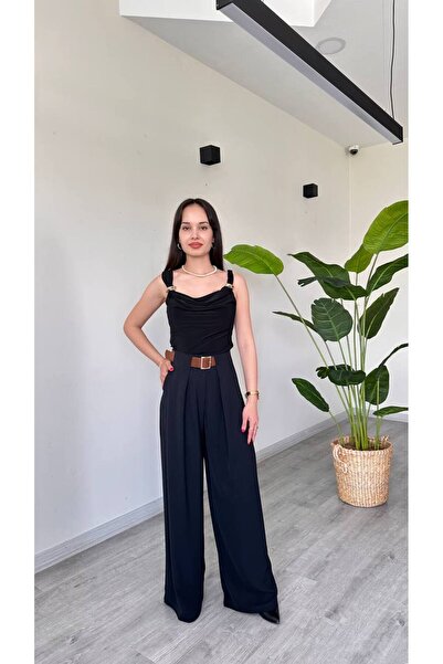 Famecoy Kadın yüksek bel kemer detaylı pileli geniş paça kumaş pantolon pnt00520