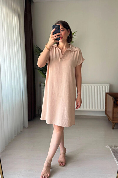 Kubos Moda Polo Collar Relaxed Fit Short Sleeve Flowy Beige Dress