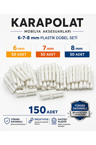 KARAPOLAT 6-7-8 mm Plastik Dübel Seti 150 Adet (50+50+50) Beyaz Duvar Dübeli ...