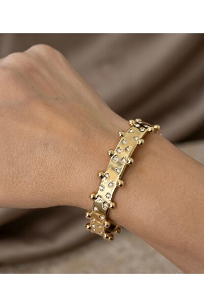 Zirkon Taş Detaylı Gold Kelepçe/Bileklik