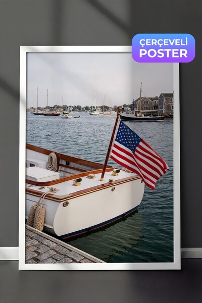Postifull Boat and Flag Poster, White Framed Poster, Old Money Series, No:113170