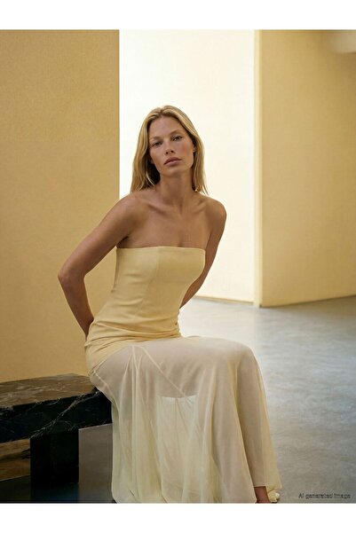 LC Waikiki Lcw Vision Yellow Strapless Collar Pleated Dress