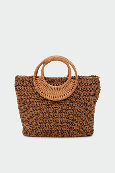 LAMİNTA Orlena Bamboo Strap Detailed Hand Knitted Tan Straw Bag