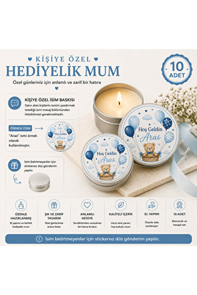 Loş Dükkan Kişiye Özel İsim Baskılı Hediyelik Mum 10 Adet | Mavi Balon Temalı...