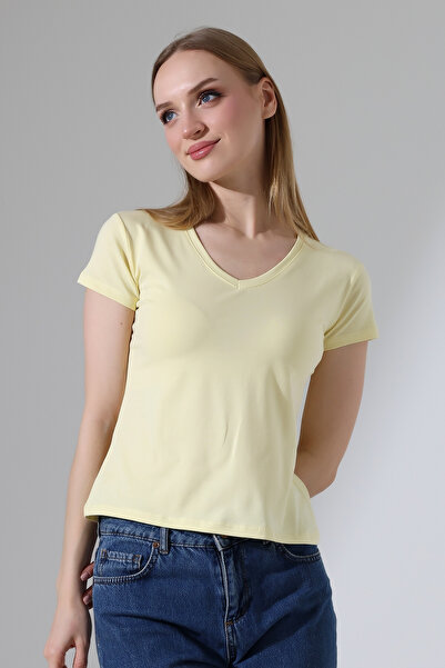 ModaPlaza Women's Short Sleeve V-Neck Lycra Basic Badi 21043