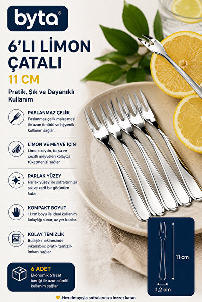 BYTA 6'lı Limon Çatalı Seti 11 cm Paslanmaz Çelik Meyve, Zeytin ve Kahvaltılı...