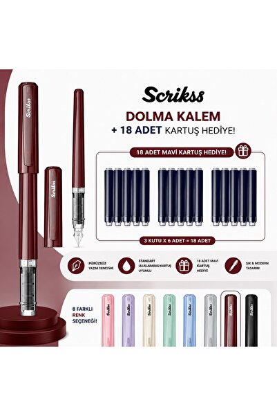 Scrikss Primeo Dolma Kalem Bordo + 18 Adet Mavi Kartuş Hediye