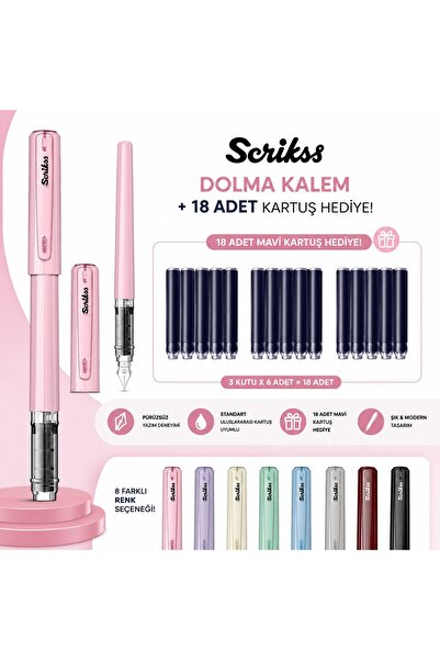Scrikss Primeo Dolma Kalem Pembe + 18 Adet Mavi Kartuş Hediye