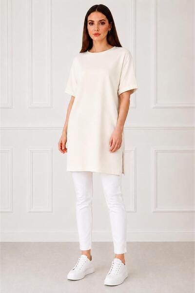 Kuraff Giyim Women's Comfortable Cut-Out Half-Sleeve Combed Cotton Tunic with...