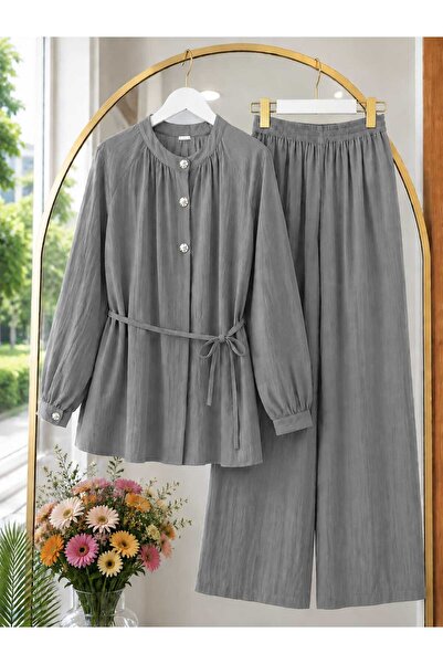 MODA MT طقم بنطلون نسائي من قماش الفراولة برباط خصر و3 أزرار