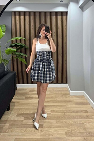 Banu Angay Plaid Corset Mini Dress Navy Blue