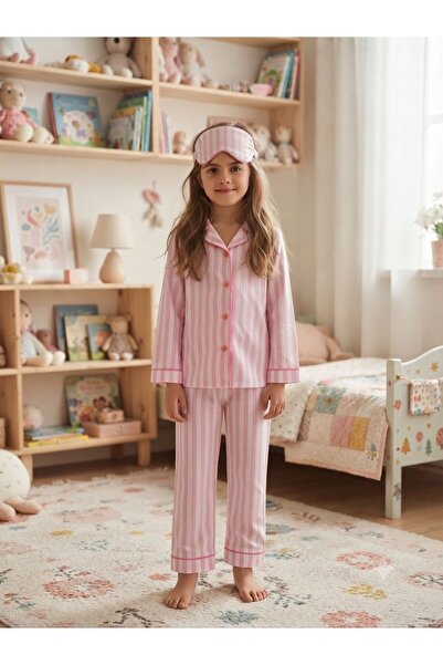 ARB Kız Çocuk Önden Düğmeli Çizgili Pamuklu Pijama takımı