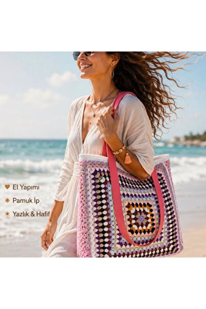 B BUL AKSESUAR Handmade Crochet Lined Beach Bag 46X33 cm Shoulder Bag Summer ...