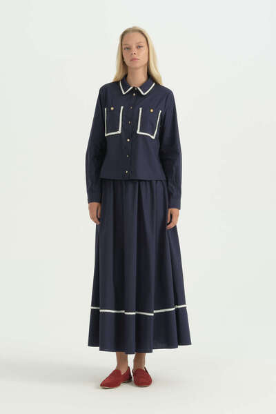 Nihan Cotton Crop Shirt and Skirt Set - Navy Blue