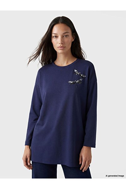 LC Waikiki Lcw Everyday Navy Blue Crew Neck Soft Touch Embroidered Blouse
