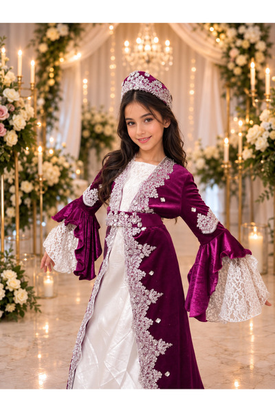 atölyekaftanbutik Çocuk fuşya kadife kaftan bindallı