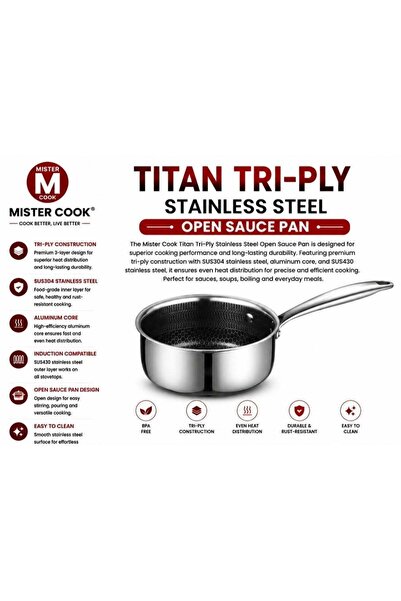 MISTERCOOK Mister Cook Titan Tri-Ply Stainless Steel Open Sauce Pan – SUS304 ...