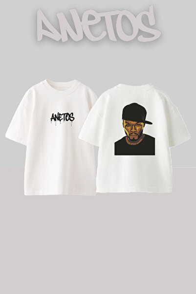 Anetos تيشيرت أبيض كبير الحجم مطبوع بتصميم 50 Cent_23 للجنسين