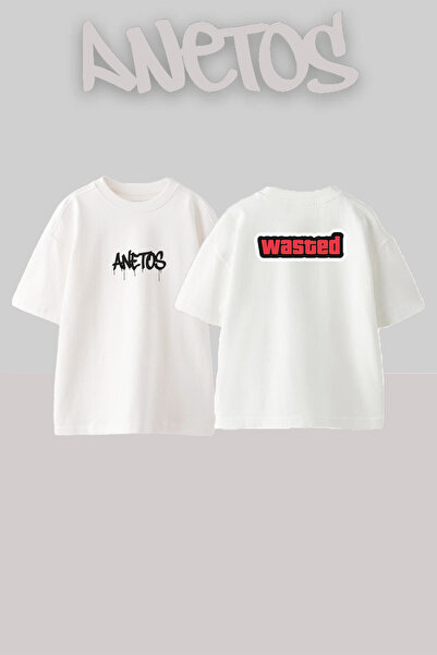 Anetos Λευκό μπλουζάκι με στάμπα Wasted GTA Design, Unisex, Oversize