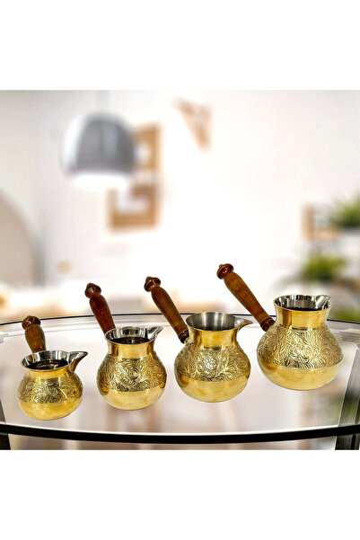Al Athar Arts Brass Hand Coffee Warmer Pot Without Lid With Wood Handle Yello...