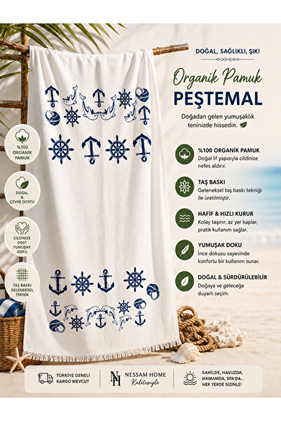 Nessam Home %100 Pamuk Taş Baskı Plaj Peştemali 100x180 cm Doğal Hafif Hızlı ...