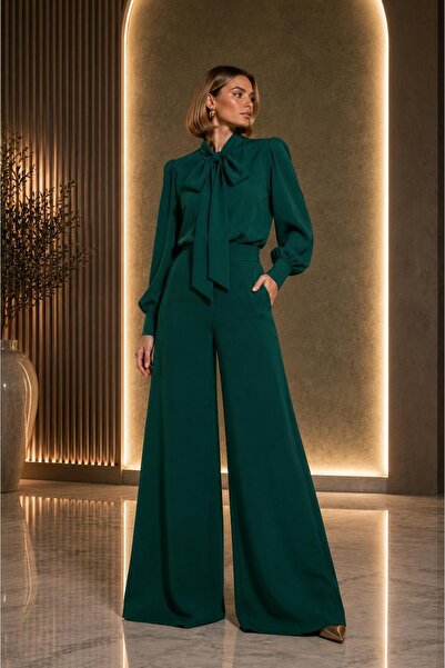 ALYEL NAKER Balloon Sleeve Blouse & Wide Leg Pants Top & Bottom Crepe Set