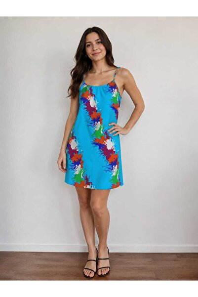 Clothify Women's Blue Patterned Thin Strap Mini Dress Summer Casual Dress