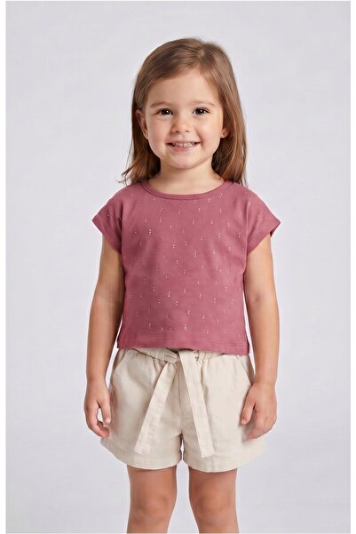 MAVİ BONCUKK Girl's Stone Detailed T-Shirt and Belted Shorts Set