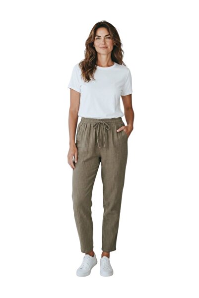 MODA Women's Elastic Waist Narrow Leg Muslin Linen Trousers