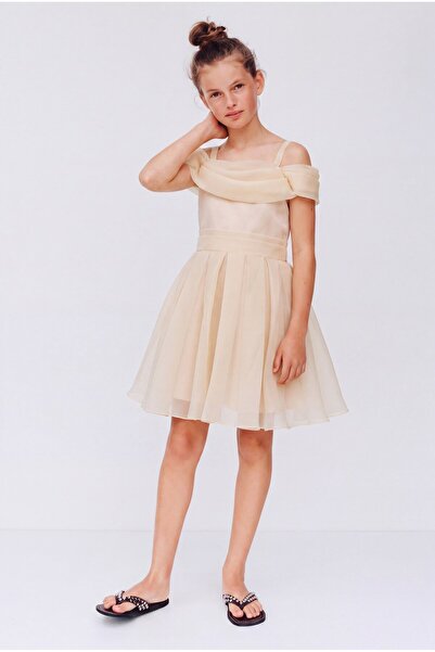 Magu Girl's Cotton Tulle Detailed Ecru Evening Dress