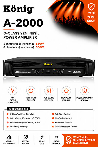 König A-2000 4 OHM 2x850 W POWER BLACK SERİSİ
