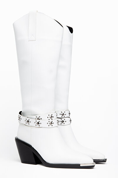 DENORA White Matte Leather Metal Toe Cap Below the Knee Staple Belt Detail We...