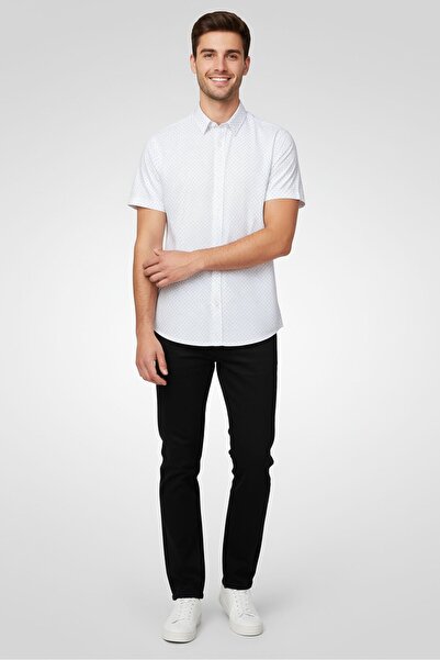 Max Crown Men Performance Fit Short Sleeve Allover Print Casual Shirt, White