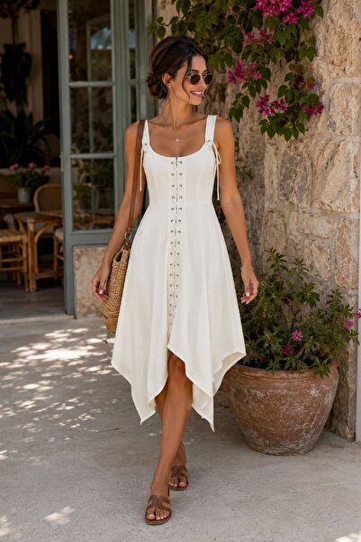 yb yağmur butik Lace-Up Dress with Front Zipper