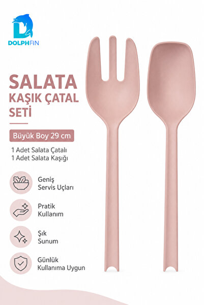 DolphFin Salad Spoon and Fork Set of 2 Large Size 29 cm Powder Pink Plastic S...