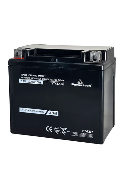 POWERTECH μπαταρία μολύβδου μοτοσυκλέτας PT-1207, 12V 12Ah AGM, YTX12-BS